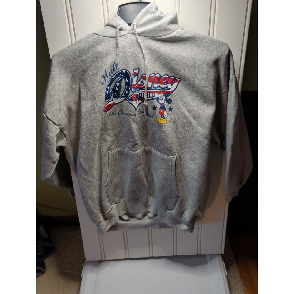 Vintage Disney Hoodie Mens XL Gray Mickey Mouse Americana Flag World Sweatshirt